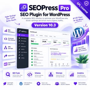 May include: SEOPress Pro software interface for WordPress version 10.3, featuring a dashboard with SEO score, organic traffic, and impression metrics. Includes icons for SEO optimization, structured data, XML sitemaps, and WooCommerce SEO tools.