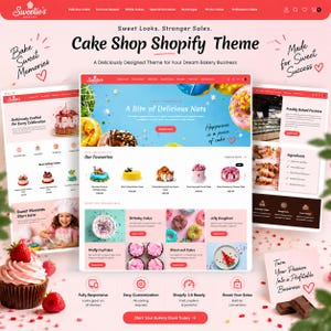 May include: A digital display of a Cake Shop Shopify Theme website layout featuring a pink and white color scheme, various bakery product images, navigation menus, and text including Sweet Looks, Stronger Sales, and Cake Shop Shopify Theme.