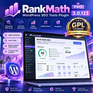 May include: A laptop screen displays the Rank Math WordPress SEO plugin dashboard with an SEO score of 92. The interface shows keyword rankings, search traffic, and schema generator tools. A gold GPL license badge is visible in the corner.