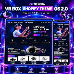 Pode incluir: Uma exibição digital do tema Nexora VR Box Shopify OS 2.0, apresentando um tablet e um smartphone com um layout de loja de realidade virtual, iluminação neon roxa e azul, imagens de produtos de headsets VR e o texto Let's your mind explore new world.