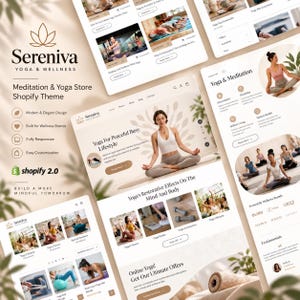 May include: A digital display of the Sereniva Yoga & Wellness Shopify theme, showcasing multiple website page layouts featuring yoga practitioners, meditation content, wellness product categories, and a clean, neutral colour palette.