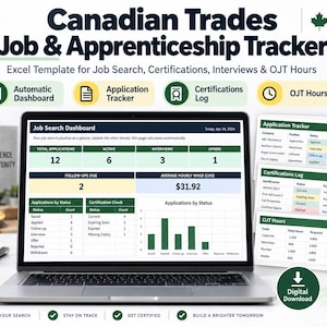 Peut inclure: Un écran d'ordinateur portable affichant le modèle Excel Canadian Trades Job & Apprenticeship Tracker. L'interface présente un tableau de bord de recherche d'emploi avec des statistiques, le suivi des candidatures et des journaux de certification.