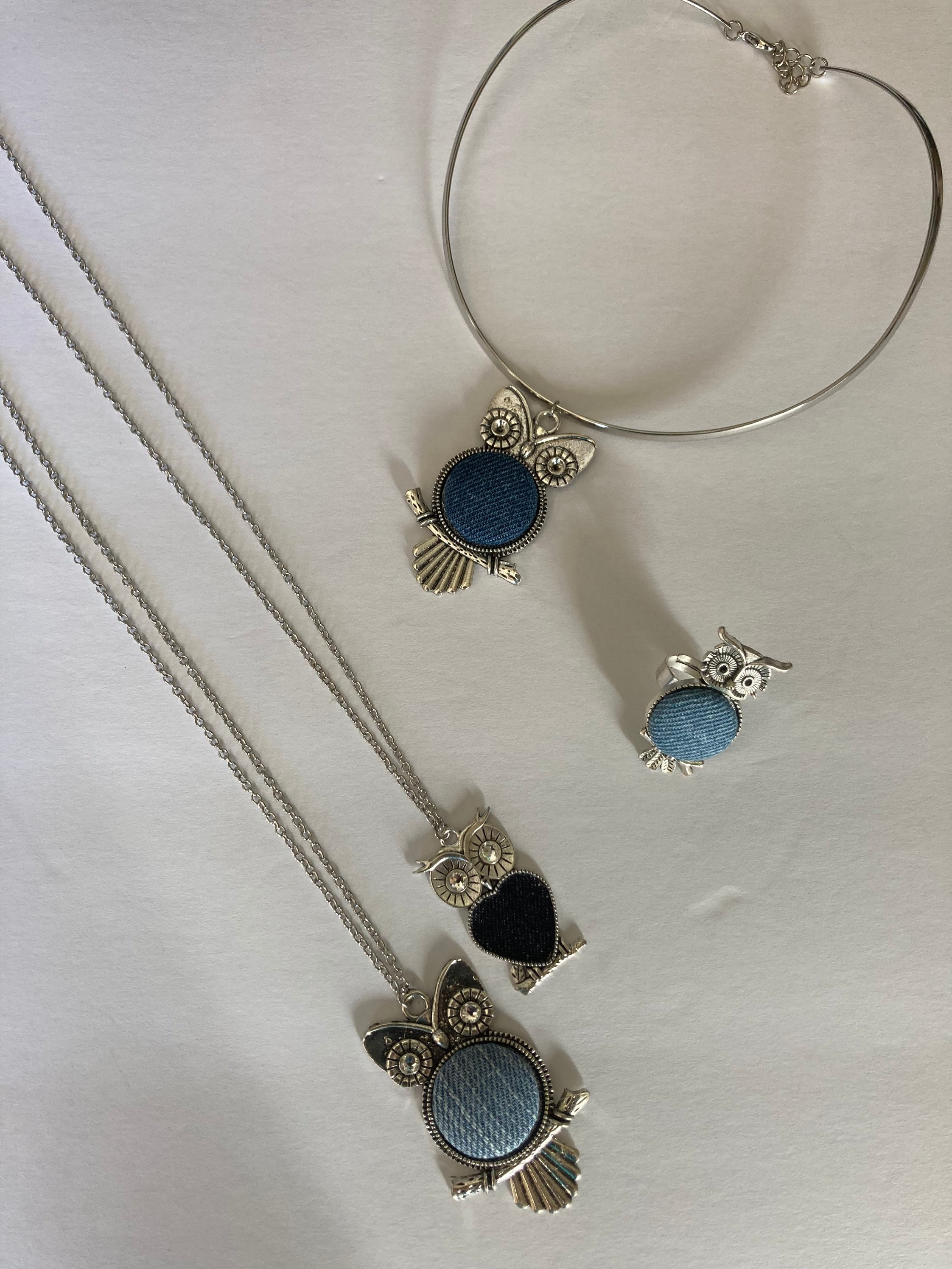 Antique Silver Owl Necklace or Ring, Denim Jewelry