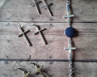 Cross Earrings, Bracelet, Denim Cabochon