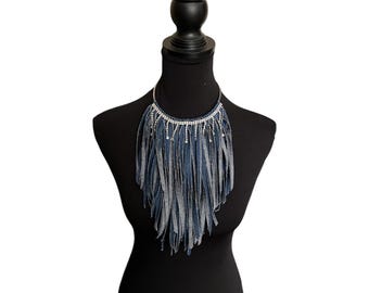 Denim Fringe Rhinestone Choker