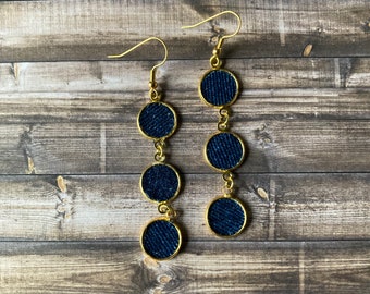 Denim Earrings, Denim 3- Tier, Goldtone