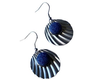 Denim Earrings Silver tone Shell Earrings Dangling Denim Shell Earrings