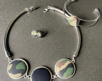 Chokerset camouflage en zwart denim camouflage armband camouflage oorbellen camouflage sieraden