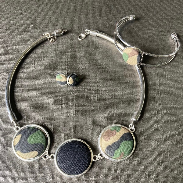 Camouflage and Black Denim Choker Set Camouflage Bracelet Camouflage Earrings Camouflage Jewelry