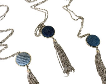 Denim Cameo Necklace Denim Pendant Necklace Denim Tassel Pendant Necklace