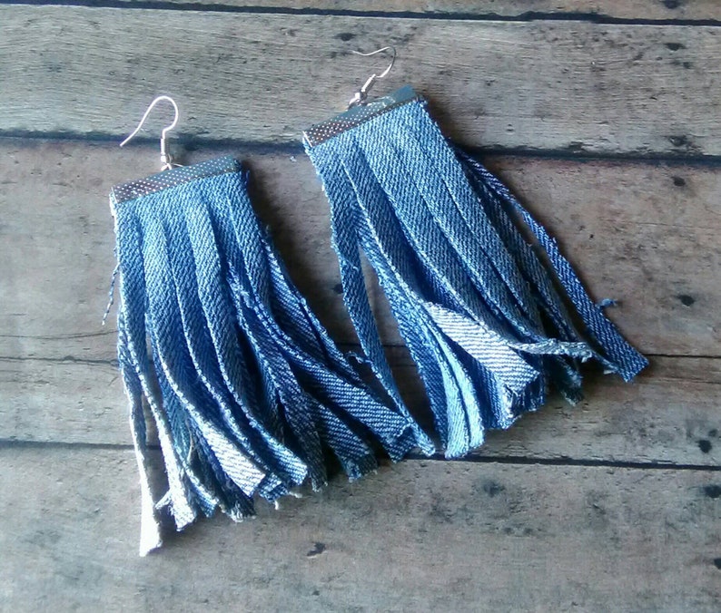 Denim Stonewashed Fringe Earrings Etsy