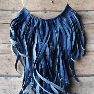 Denim Gold Tone Fringe Statement Necklace