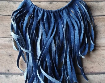 Denim Gold Tone Fringe Statement Necklace