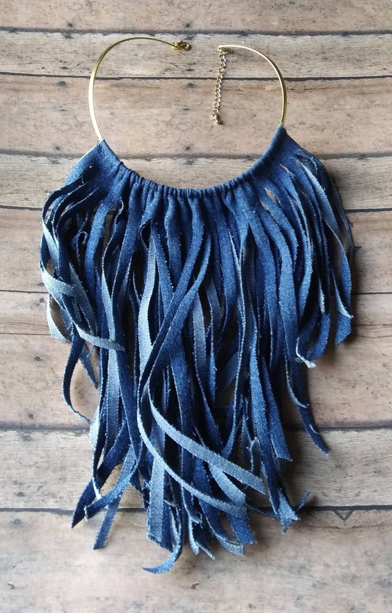 Denim Gold Tone Fringe Statement Necklace image 1