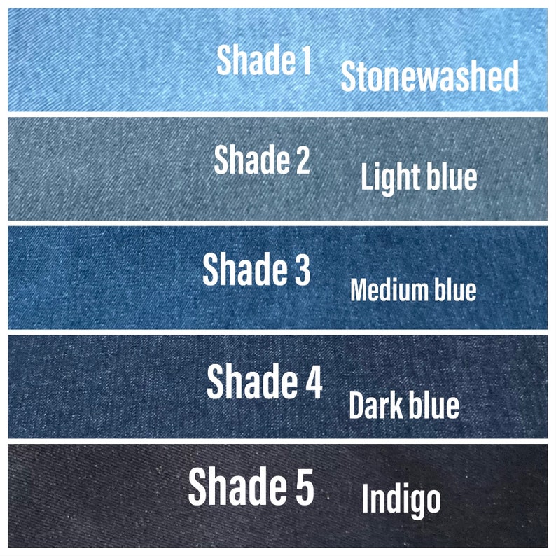 May include: Five denim swatches showing different shades of blue, from light to dark. The swatches are labeled with the shade number and a descriptive name, such as "Stonewashed", "Light blue", "Medium blue", "Dark blue", and "Indigo".