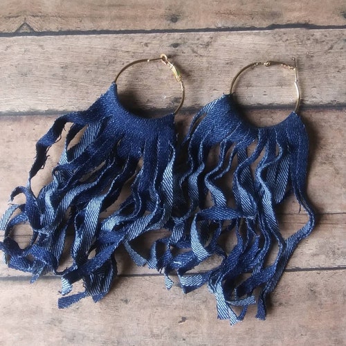 Denim Hoopla Fringe Earrings Etsy