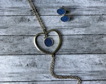 Denim Heart Tassel Necklace With Denim Stud Earring Set
