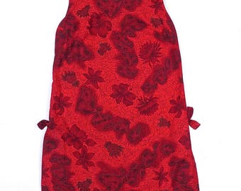 Sleeveless Red Hawaiian Floral Dress with Bow Pleated Sides Vintage