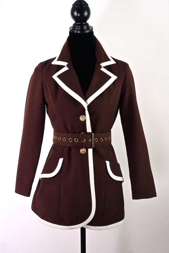 Mod 60s Brown and White Jacket with Rivet Belt an… - image 5