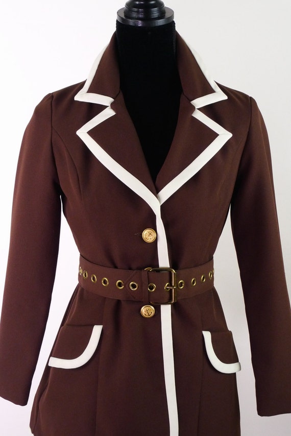 Mod 60s Brown and White Jacket with Rivet Belt an… - image 2