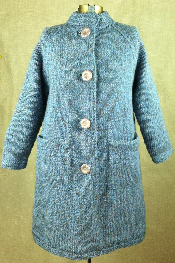 Alpaca Hand Knit Coat Aqua Grey Wool Silk Lined V… - image 2