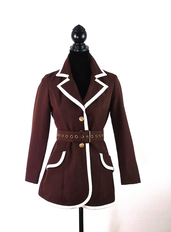 Mod 60s Brown and White Jacket with Rivet Belt an… - image 1