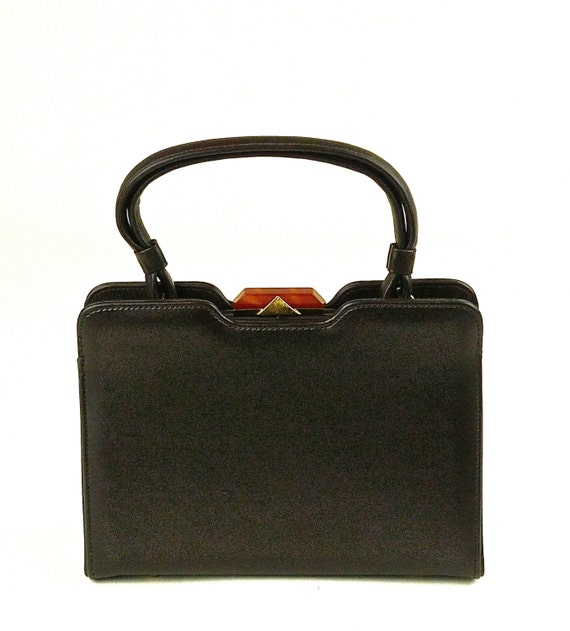 40s Art Deco Bakelite Clasp Brown Leather Handbag