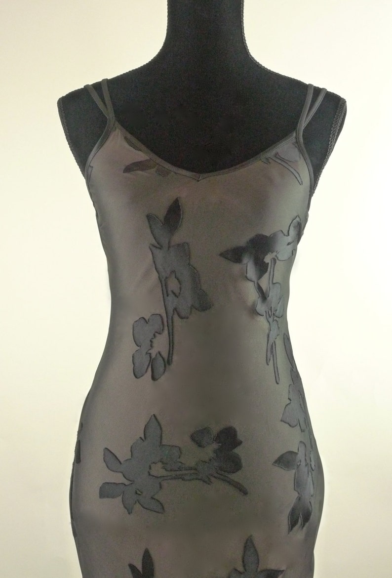 Slinky Sheer Black Maxi Dress with Abstract Flowers and Double Spaghetti Strap Shoulder Vintage