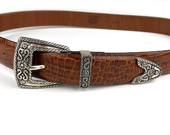 Brown Crocodile Leather Belt with Silver Western Belt Buckle Vintage YRI