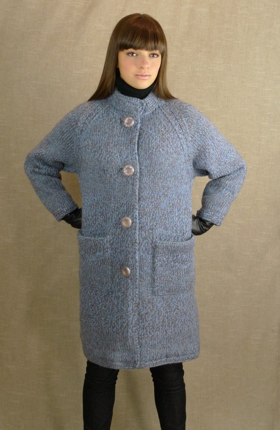 Alpaca Hand Knit Coat Aqua Grey Wool Silk Lined Vi