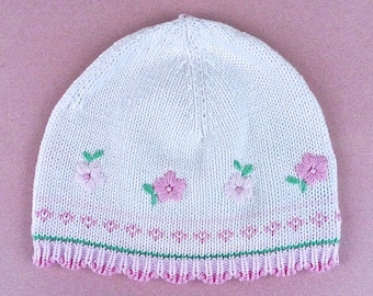 Embroidered Cotton Knit Cap with Pink Flowers and Scalloped Edge Vintage Childs New/Old