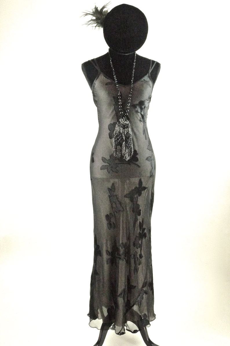 Slinky Sheer Black Maxi Dress with Abstract Flowers and Double Spaghetti Strap Shoulder Vintage
