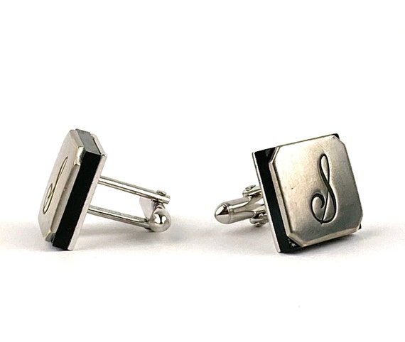 Letter R Personalized Silver and Black Initial Cuff Links Signed Swank