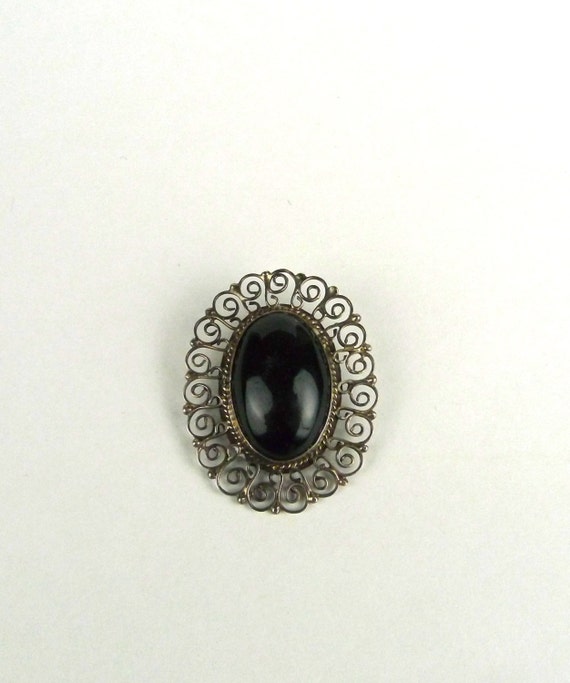 LARGE  Black Onyx and Silver Brooch/ Pendant Vint… - image 1