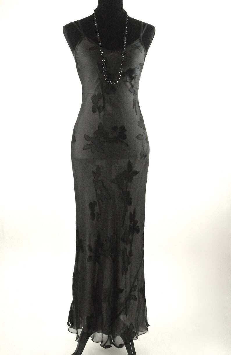 Slinky Sheer Black Maxi Dress with Abstract Flowers and Double Spaghetti Strap Shoulder Vintage