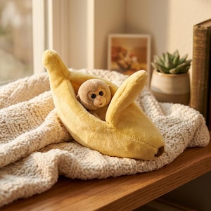 May include: A plush toy featuring a small, light brown monkey with large dark eyes nestled inside a soft, yellow, peeled banana-shaped casing. The monkey is positioned in the center of the banana, which has curved, open segments revealing the interior.