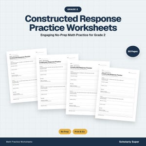 May include: A set of Grade 2 constructed response math practice worksheets featuring 80 pages of printed exercises. The white paper sheets include math problems with sections for students to explain their thinking, show work, and provide answers.