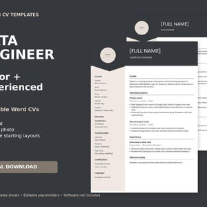 May include: Two editable A4 CV templates for data engineers in a dark grey and beige colour scheme. The documents feature placeholders for a photo, contact information, education, technical skills, and professional experience sections.