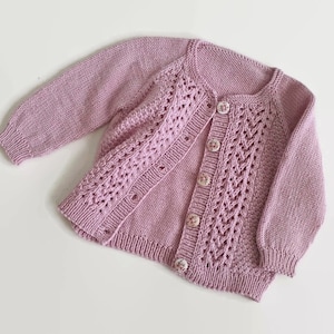 Merino wool, handmade seamless baby sweater, dainty pink girl's hand knitted cardigan, knit cardigan with lace panels, 3 - 6 months infant