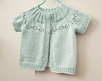 Baby girl's pale green between seasons cardigan, short sleeved handknit baby cardigan, pretty cotton blend sweater size 6 months