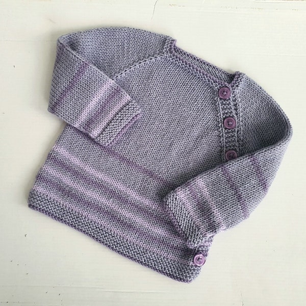 Side button girl sweater size 3 to 6 months, knitted striped merino wool baby cardigan, grey with lilac & purple stripes, baby shower gift