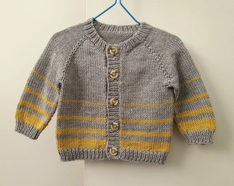 Taupe & mustard yellow merino wool baby sweater, knitted stripey cardigan, modern baby clothes, striped sweater 3 - 6 months, nice baby gift