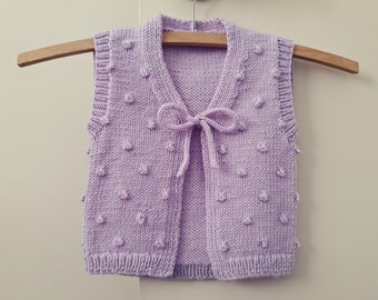 Cute sleeveless bobble cardigan, merino wool lilac baby sweater 3 -6 months, popcorn stitch girl vest, between seasons girls woollen popover