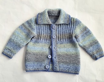 Easy care baby boy cardigan blue and neutrals, size 6 - 12 months, soft cuddly boys sweater with collar, knitted striped infant cardigan