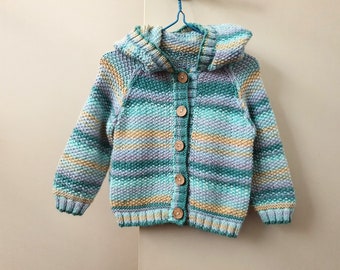 Size 5 to 10 months striped unisex hoodie, boy or girl hooded knitted baby jacket - extra soft handmade textured baby cardigan with hood