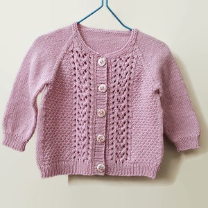 Dainty pink baby girl cardigan, handmade merino wool seamless baby sweater, hand knitted cardigan with lace panels, 3 - 6 months infant