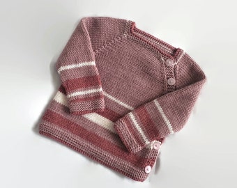 Girls sweater size 3 to 6 months, knitted striped merino wool baby cardigan, side buttoning, brownish pink with cream stripes, shower gift