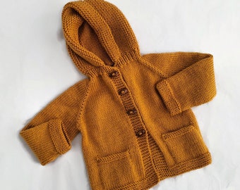 Baby jacket 18-24 months, handmade mustard hoodie, knitted easy care kids machine washable cardigan with hood & cute pockets, Winter coat