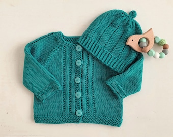 Merino wool knitted cardigan & beanie set, handmade baby outfit, modern gender neutral gift idea 0-3 months, shower present - unisex gift