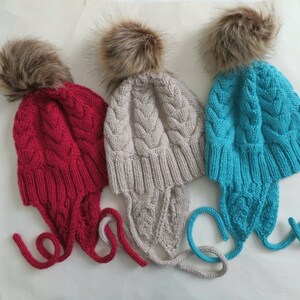 Knitted Australian wool hat 3 - 5 years, 3 colours earflap hat with removable faux fur pompom, childs Winter pom pom hat, woollen cabled hat